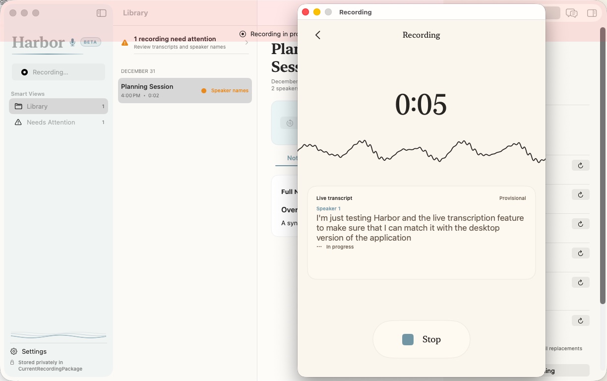 Current Harbor for Mac beta recording window showing elapsed time, live waveform, speaker-labeled transcript, and Stop control.