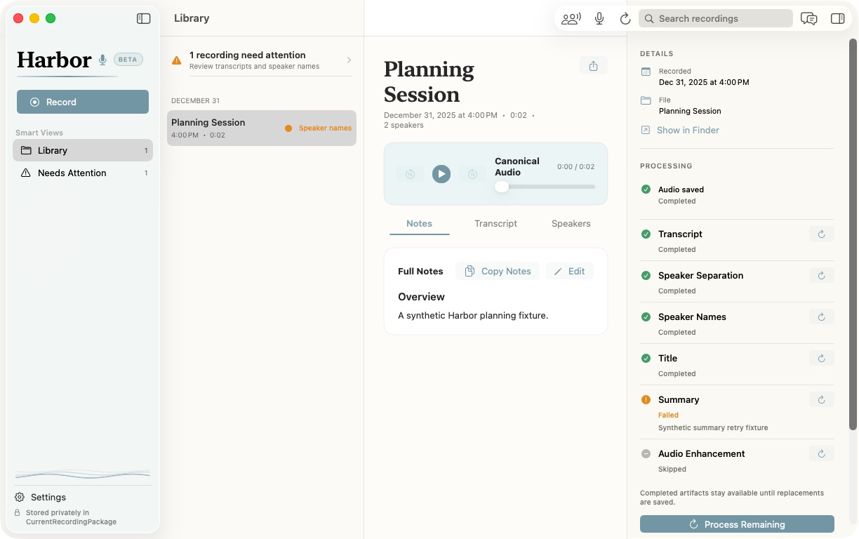 The current Harbor for Mac beta library and recording detail.