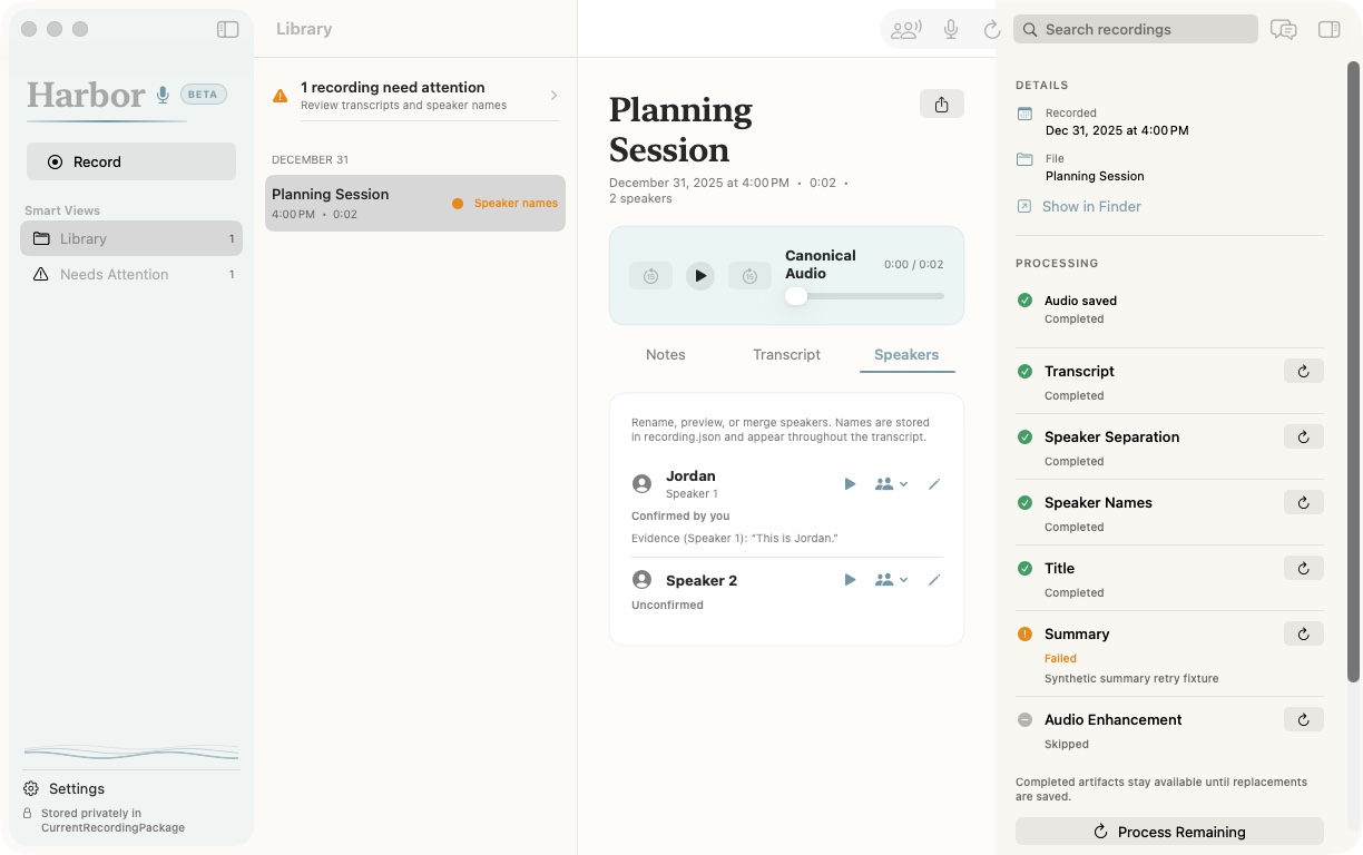 Current Harbor for Mac beta showing speaker review for Planning Session.