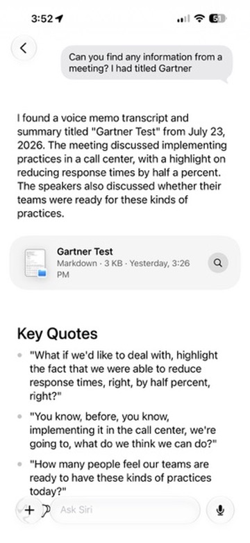 Preview of Siri answering a question about a Harbor meeting, with the source note and key quotes shown.