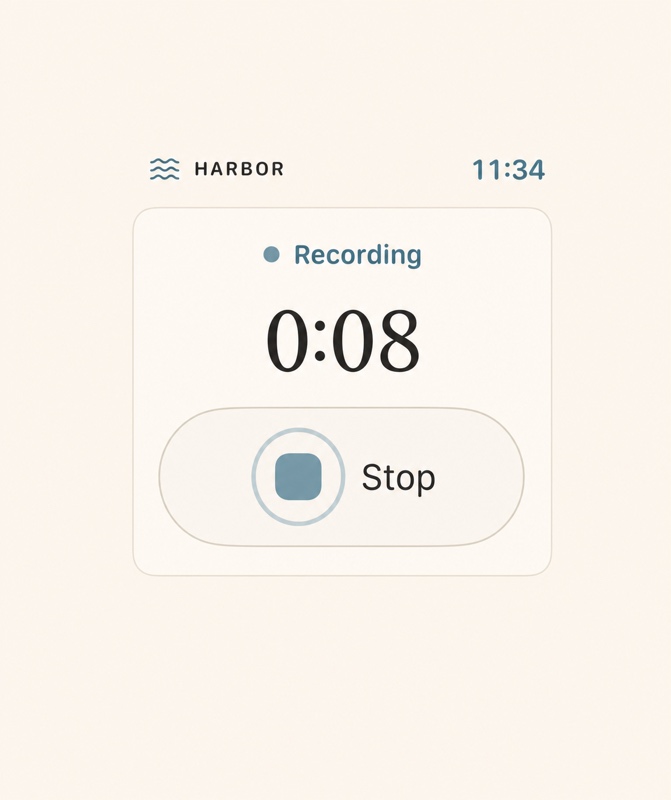 Actual Harbor Apple Watch app recording screen with elapsed time and a Stop button.